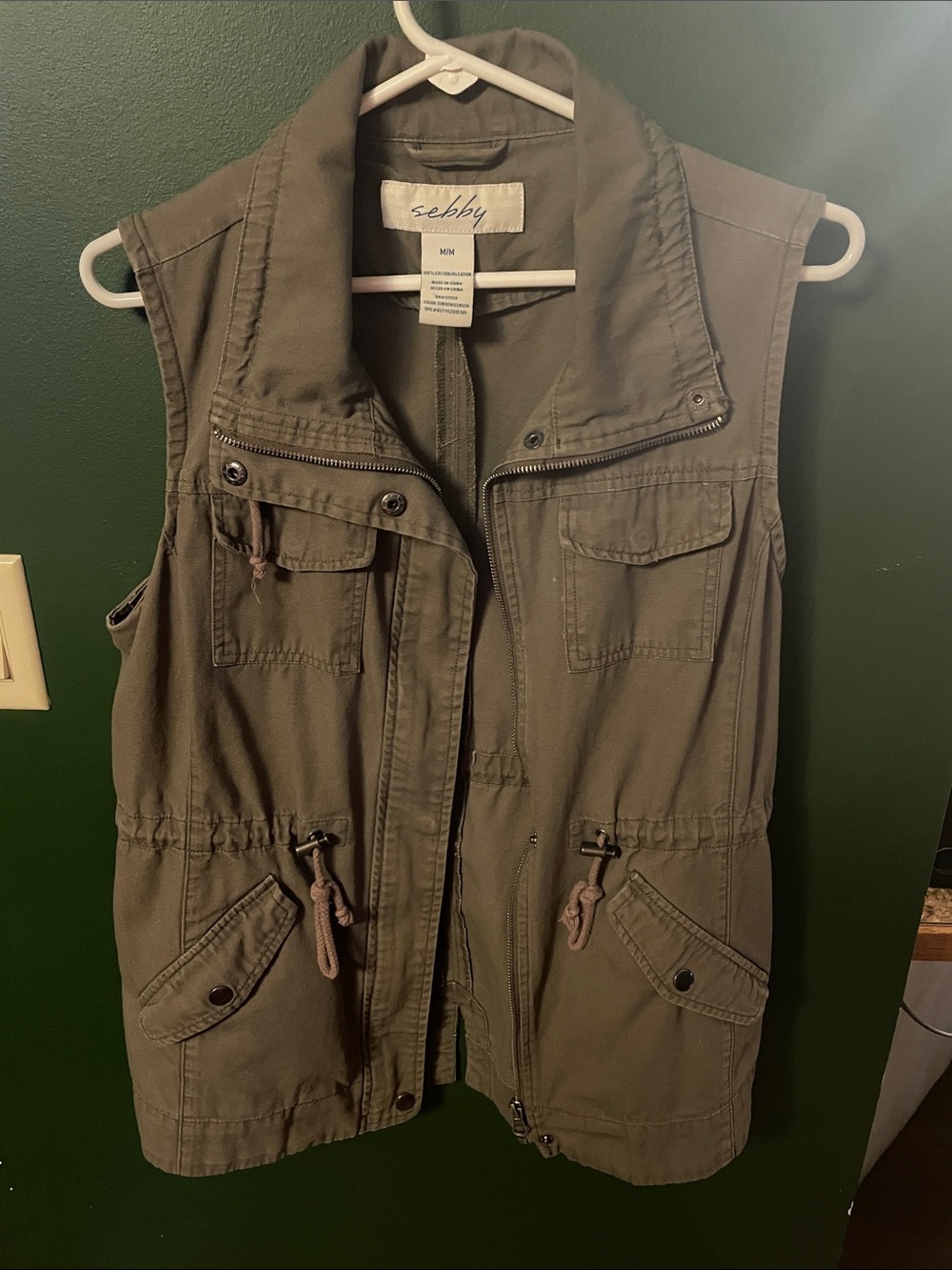 Sebby Olive Utility Vest with Multiple Pockets Size Medium